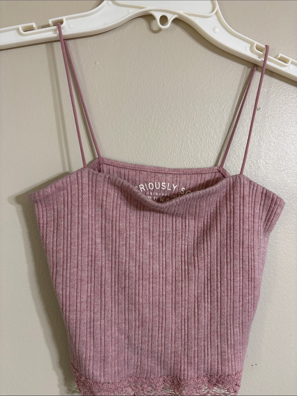 Aeropostale Ribbed Lace-Trim Spaghetti Strap Cami - Dusty Rose